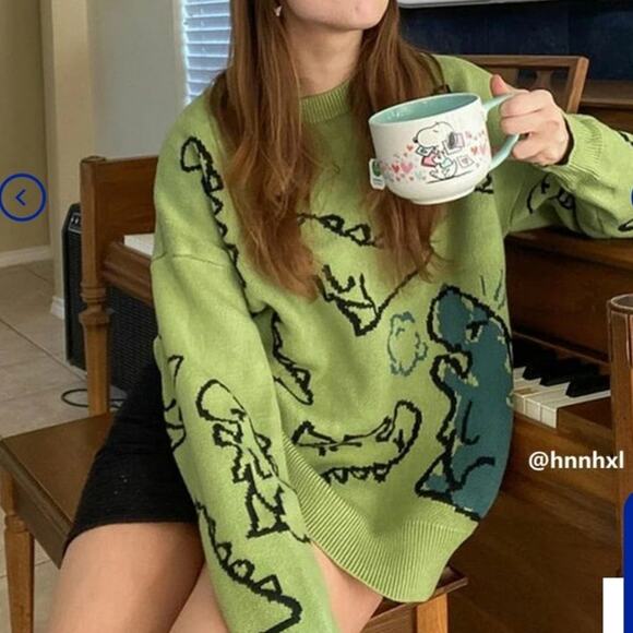 Aelfric Eden oversized dinosaur cartoon pattern green sweater woman size medium - Picture 13 of 13